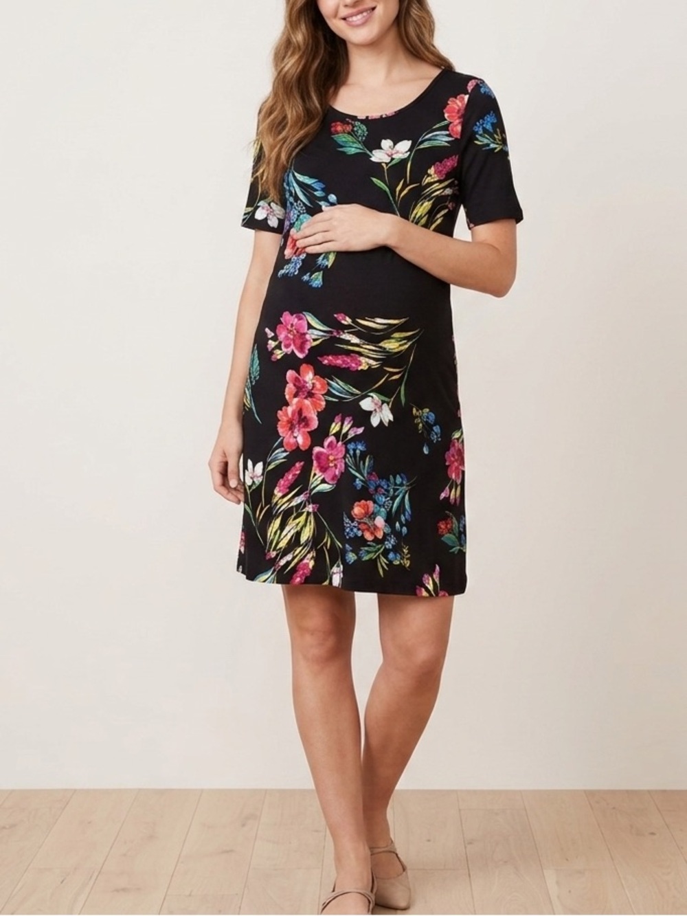 Yumi Kim Flower Child Maternity Midi Dress Black Floral Size M